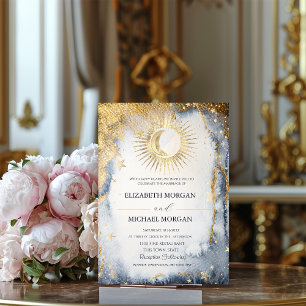 Invitación Sol celeste, luna, Boda de acuarela de estrellas