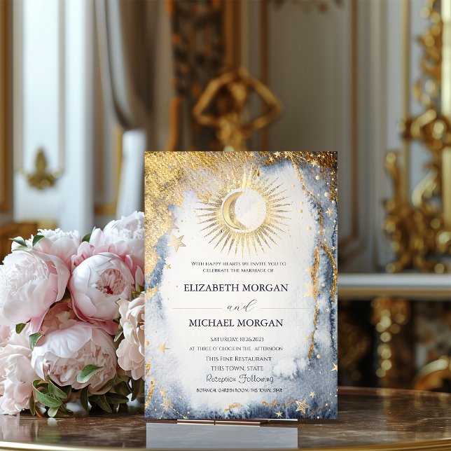 Invitación Sol celeste, luna, Boda de acuarela de estrellas (Subido por el creador)