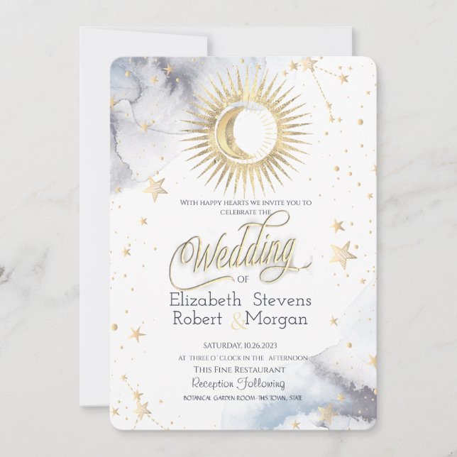 Invitación Sol celeste, luna, Boda de Moda de estrellas (Anverso)