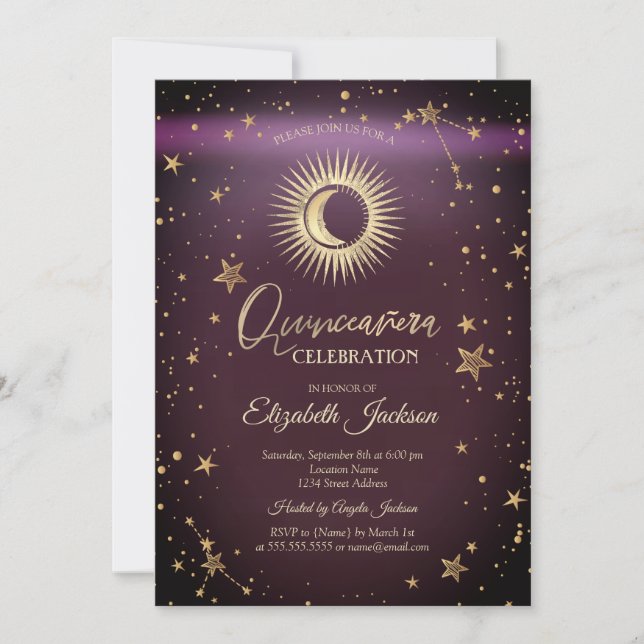 Invitación Sol celeste, luna, estrellas borgoña Quinceanera (Anverso)