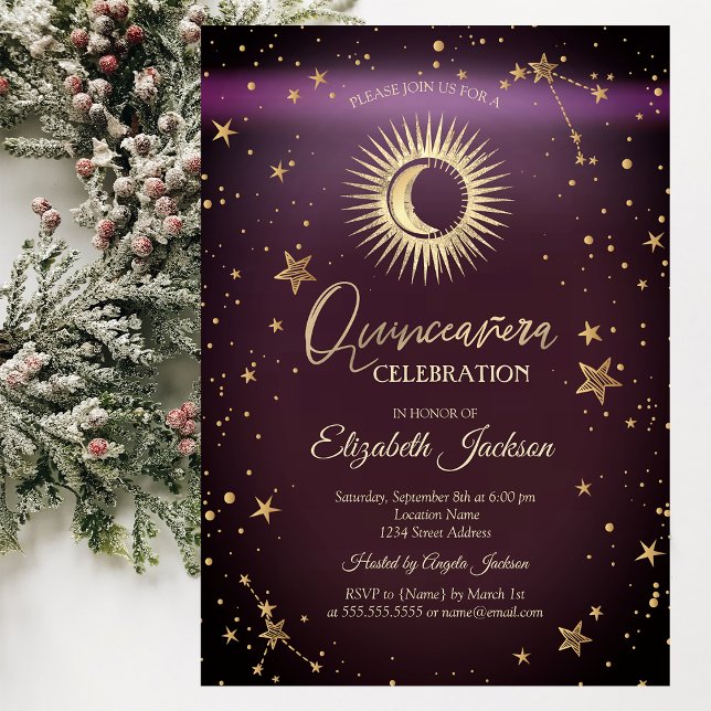 Invitación Sol celeste, luna, estrellas borgoña Quinceanera (Subido por el creador)