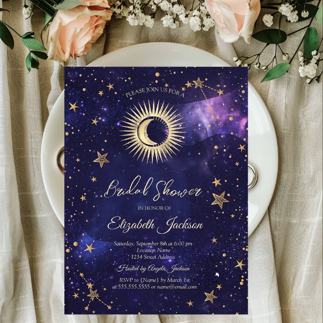 Invitación Sol celeste, luna, estrellas, ducha de novia púrpu (Subido por el creador)