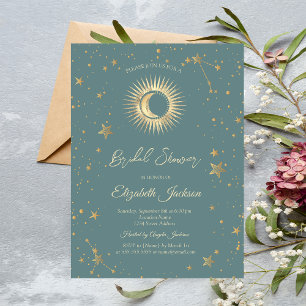 Invitación Sol celeste, luna, estrellas, ducha de novia verde