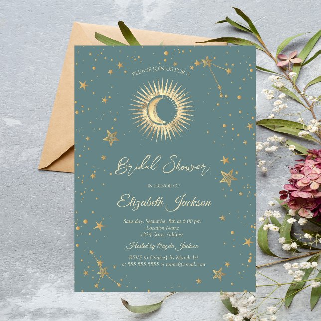 Invitación Sol celeste, luna, estrellas, ducha de novia verde (Subido por el creador)