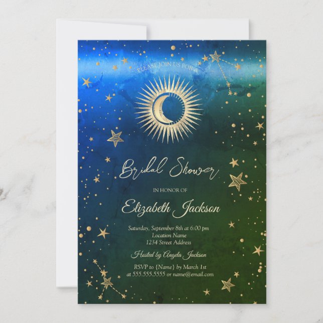 Invitación Sol celeste, luna, estrellas Ombre, ducha de novia (Anverso)