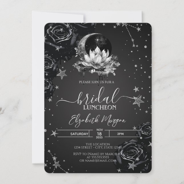 Invitación Sol celeste, luna, estrellas Rosas negros (Anverso)