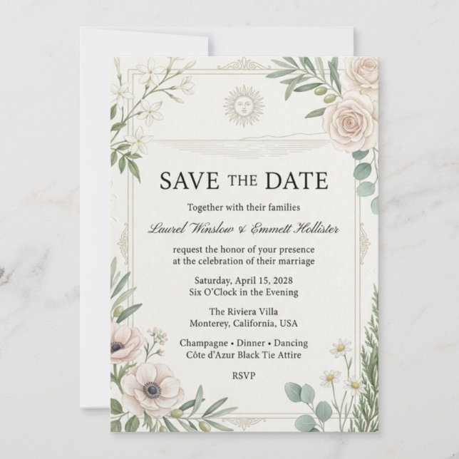 Invitación Sol Celeste, Rosas, Anémonas, Ramas de Olivo, Eu (Anverso)