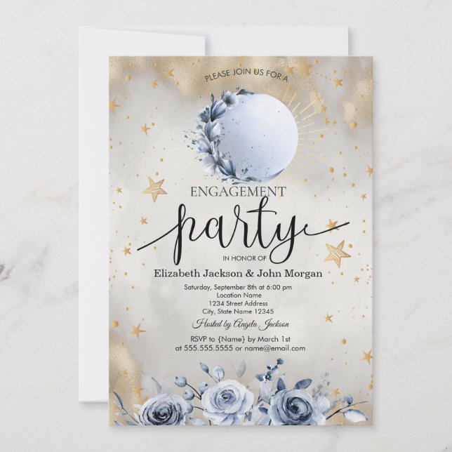 Invitación Sol celeste, Rosas de la luna azul compromiso con  (Anverso)