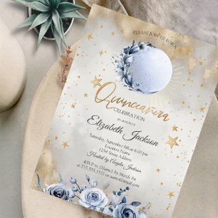 Invitación Sol celeste, Rosas de la luna azul estrellas Quinc