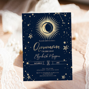 Invitación Sol Celestial De Oro Y Estrellas De Luna Quinceane