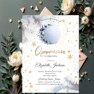 Invitación Sol Celestial, Luna Azul, Flor de Estrellas Quince