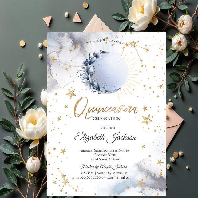 Invitación Sol Celestial, Luna Azul, Flor de Estrellas Quince (Subido por el creador)
