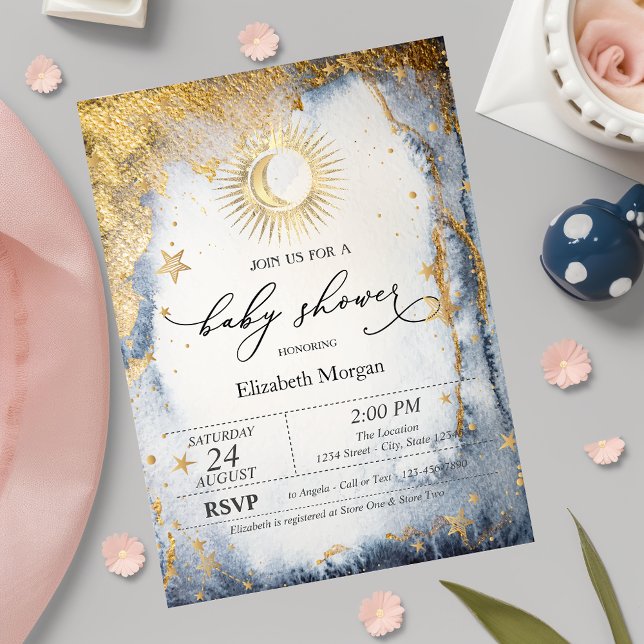 Invitación Sol Celestial, Luna, Estrellas Aquarela Baby Showe (Subido por el creador)