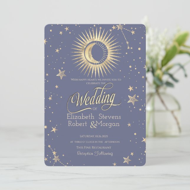 Invitación Sol Celestial, Luna, Estrellas Boda Pastel  (Anverso de pie)