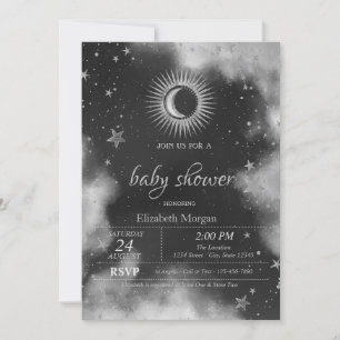 Invitación Sol Celestial, Luna, Estrellas Gris Shower de Bebé