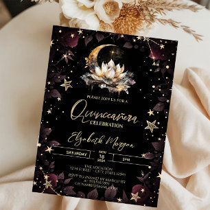 Invitación Sol Celestial, Luna, Estrellas Rosas Quinceañera