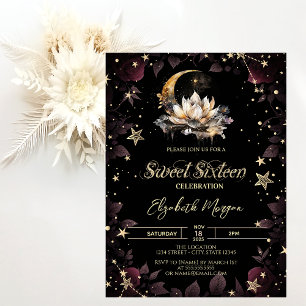 Invitación Sol celestial, luna, rosas de estrellas Cumpleaños