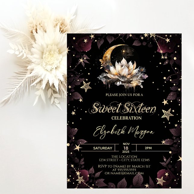 Invitación Sol celestial, luna, rosas de estrellas Cumpleaños (Subido por el creador)