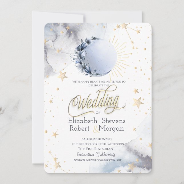 Invitación Sol Celestial Oro, Luna Luna, Estrellas Boda (Anverso)