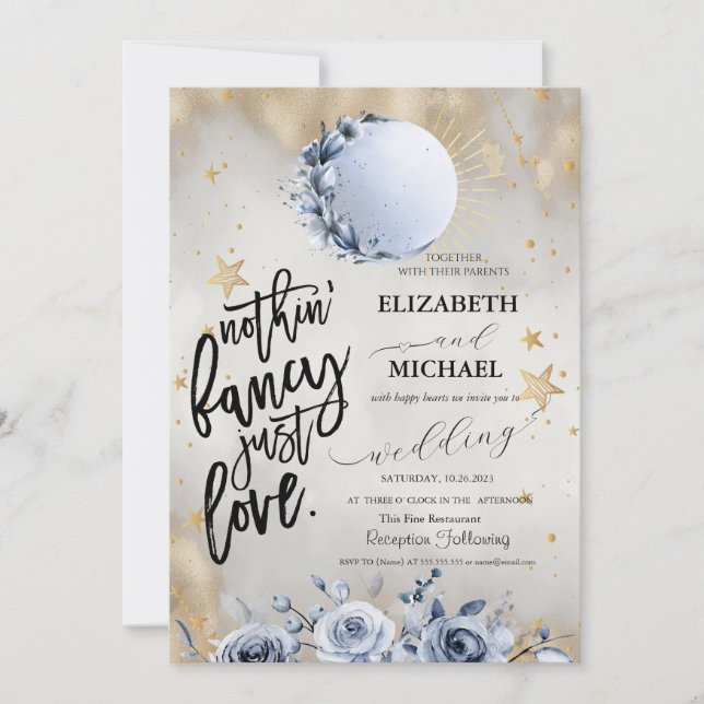 Invitación Sol Celestial, Rosas de Luna Azul Estrellas Boda  (Anverso)
