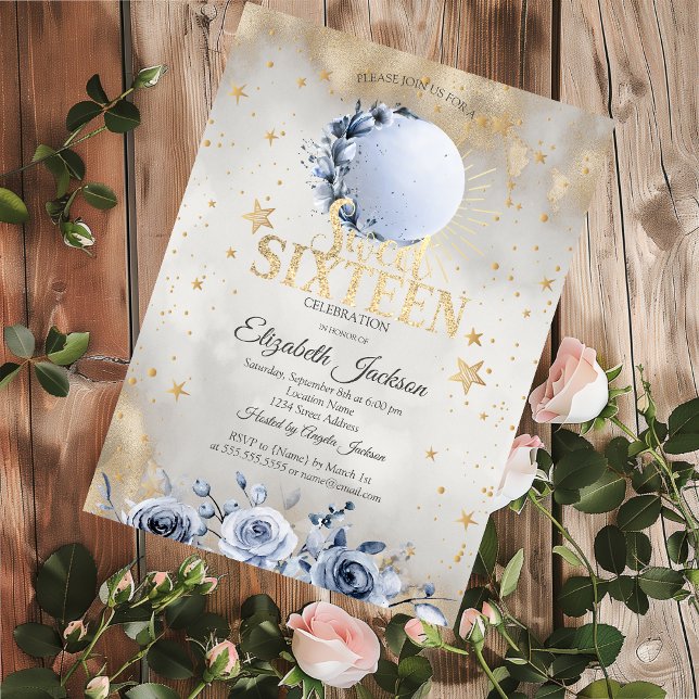 Invitación Sol Celestial, Rosas de Luna Azul Estrellas Dulces (Subido por el creador)