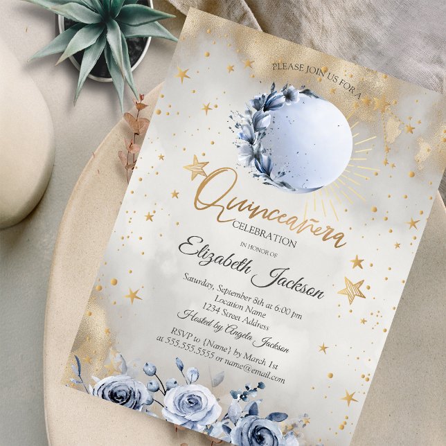 Invitación Sol Celestial, Rosas de Luna Azul Estrellas Quince (Subido por el creador)