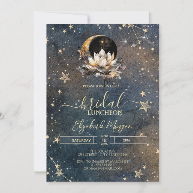 Invitación Sol Celestial,Rosas de Luna,Estrellas Bodas Oscura (Anverso)