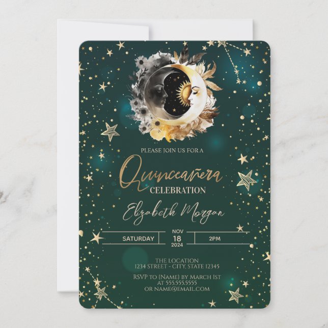 Invitación Sol Celestial Y Estrellas De Luna Quinceanera Verd (Anverso)