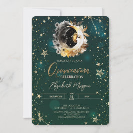 Invitación Sol Celestial Y Estrellas De Luna Quinceanera Verd