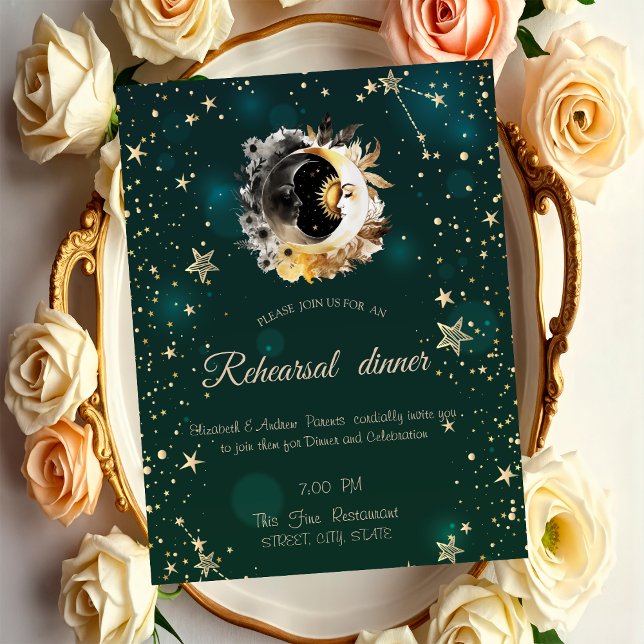 Invitación Sol Celestial Y Flores De Luna Estrellas Verdes (Subido por el creador)