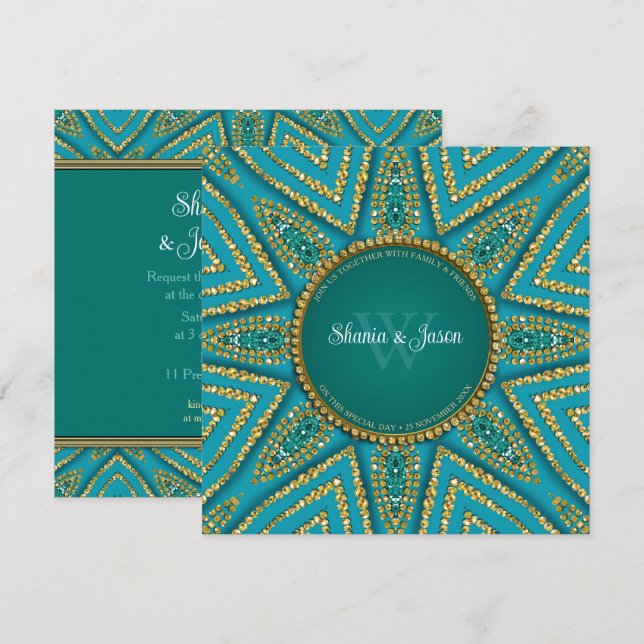 Invitación Sol de Bohemia Oriental Dorado y Teal con Brillo (Anverso / Reverso)