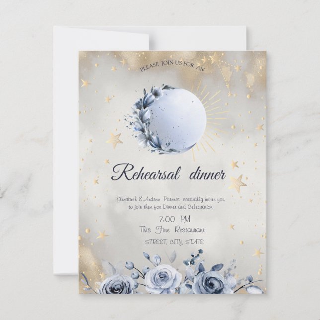 Invitación Sol de oro celeste, estrellas de Rosas de la luna  (Anverso)