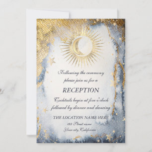 Invitación Sol de oro celeste, luna, acuarela de estrellas