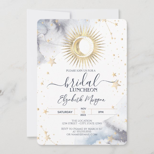 Invitación Sol de oro celeste, luna, estrellas de luna de mie (Anverso)