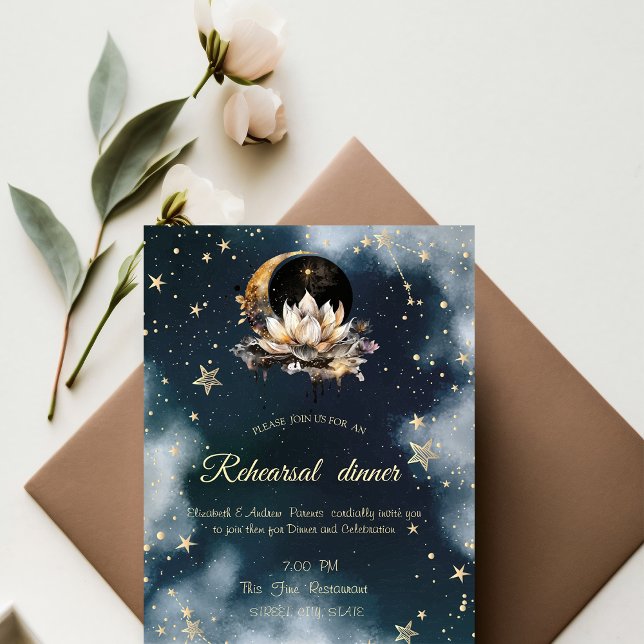 Invitación Sol de oro celeste, luna, estrellas Lotus Night Sk (Subido por el creador)