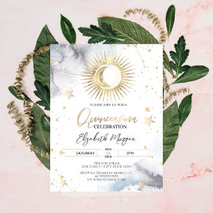 Invitación Sol de oro celeste, luna, estrellas Quinceanera