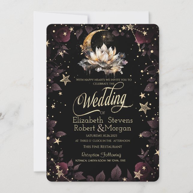 Invitación Sol de oro celeste, luna, estrellas Rosas cielo no (Anverso)