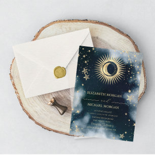 Invitación Sol de oro celestial, luna, Boda de cielo de estre