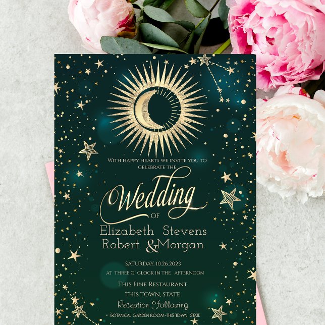 Invitación Sol De Oro Celestial Y Estrellas De Luna Boda Verd (Subido por el creador)