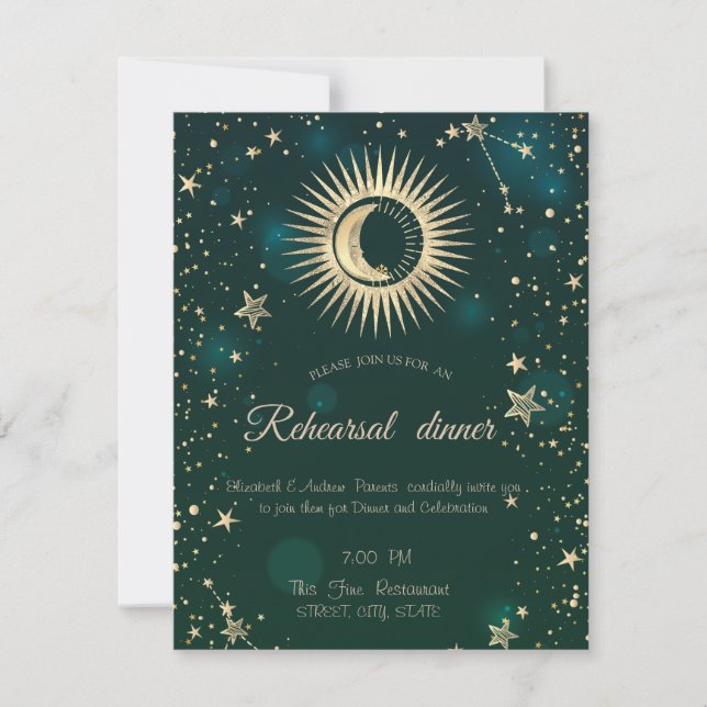 Invitación Sol De Oro Celestial Y Estrellas De Luna Verde (Anverso)