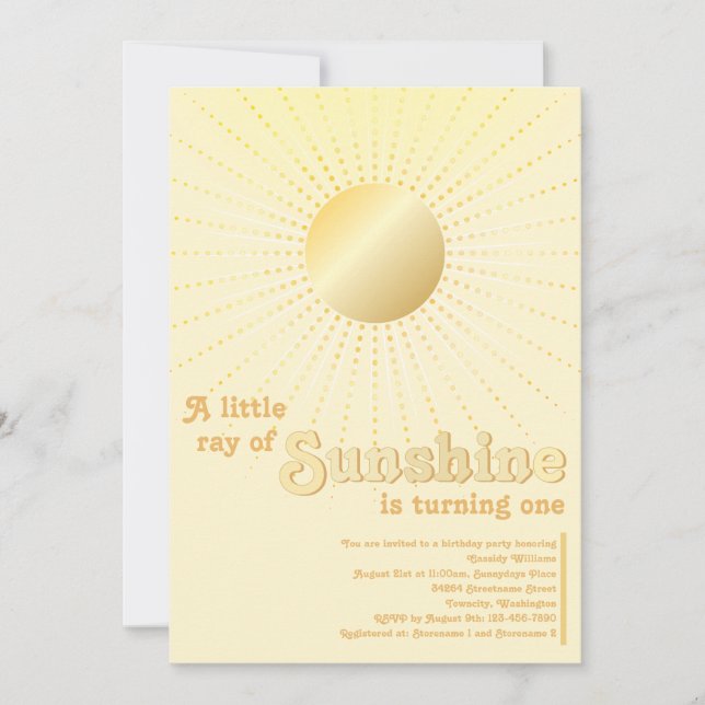 Invitación Sol de Oro Cumpleaños Primero Sunshine Gold Sun (Anverso)