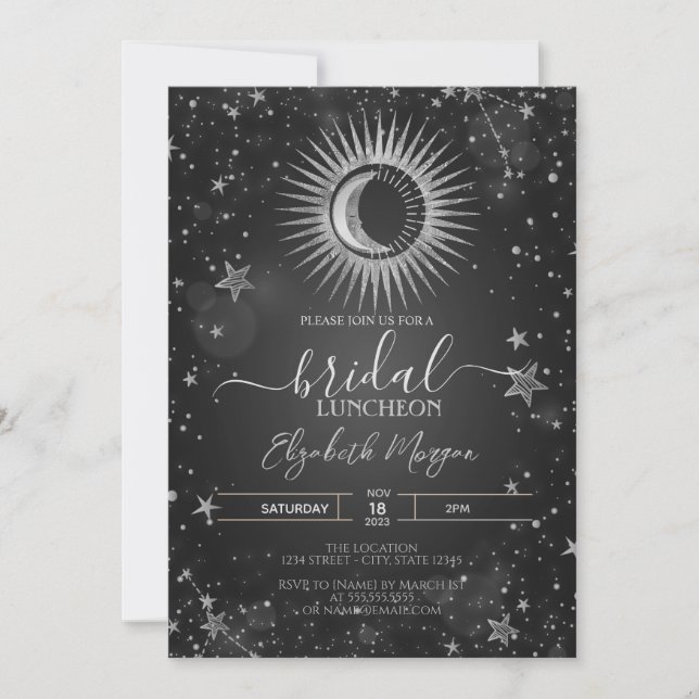 Invitación Sol de plata celeste, luna, estrellas, almuerzo de (Anverso)