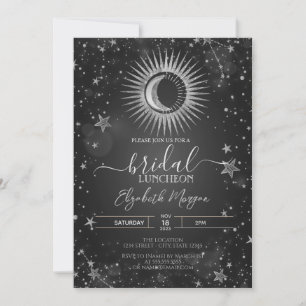 Invitación Sol de plata celeste, luna, estrellas, almuerzo de