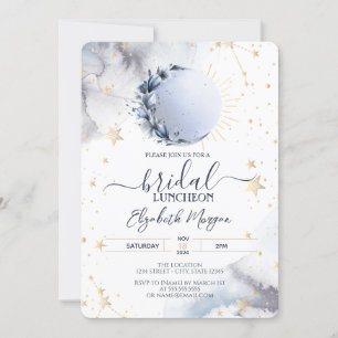 Invitación Sol Dorado Celestial, Luna Azul, Almuerzo Nupcial 