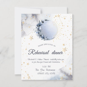 Invitación Sol dorado celestial, luna azul, estrellas