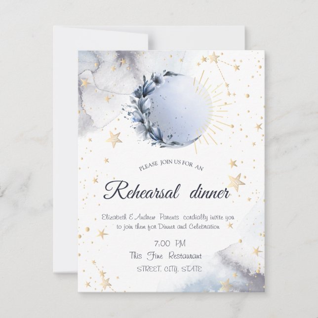 Invitación Sol dorado celestial, luna azul, estrellas (Anverso)