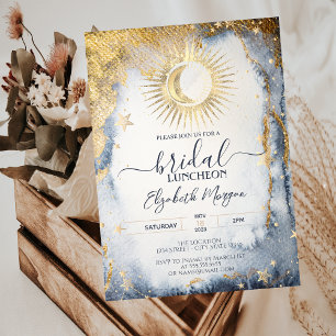 Invitación Sol Dorado Celestial, Luna, Estrellas Acuarela Nup