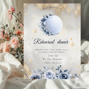 Invitación Sol dorado celestial, rosas de luna azul estrellas