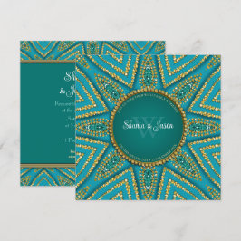 Invitación Sol Dorado de Bohemia Oriental y Brillo Turquesa