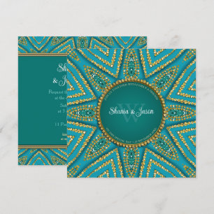 Invitación Sol Dorado de Bohemia Oriental y Brillo Turquesa